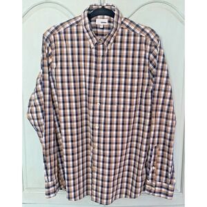 Sonoma Plaid Button-Down Shirt Gold‎ Navy White Cotton Blend Large